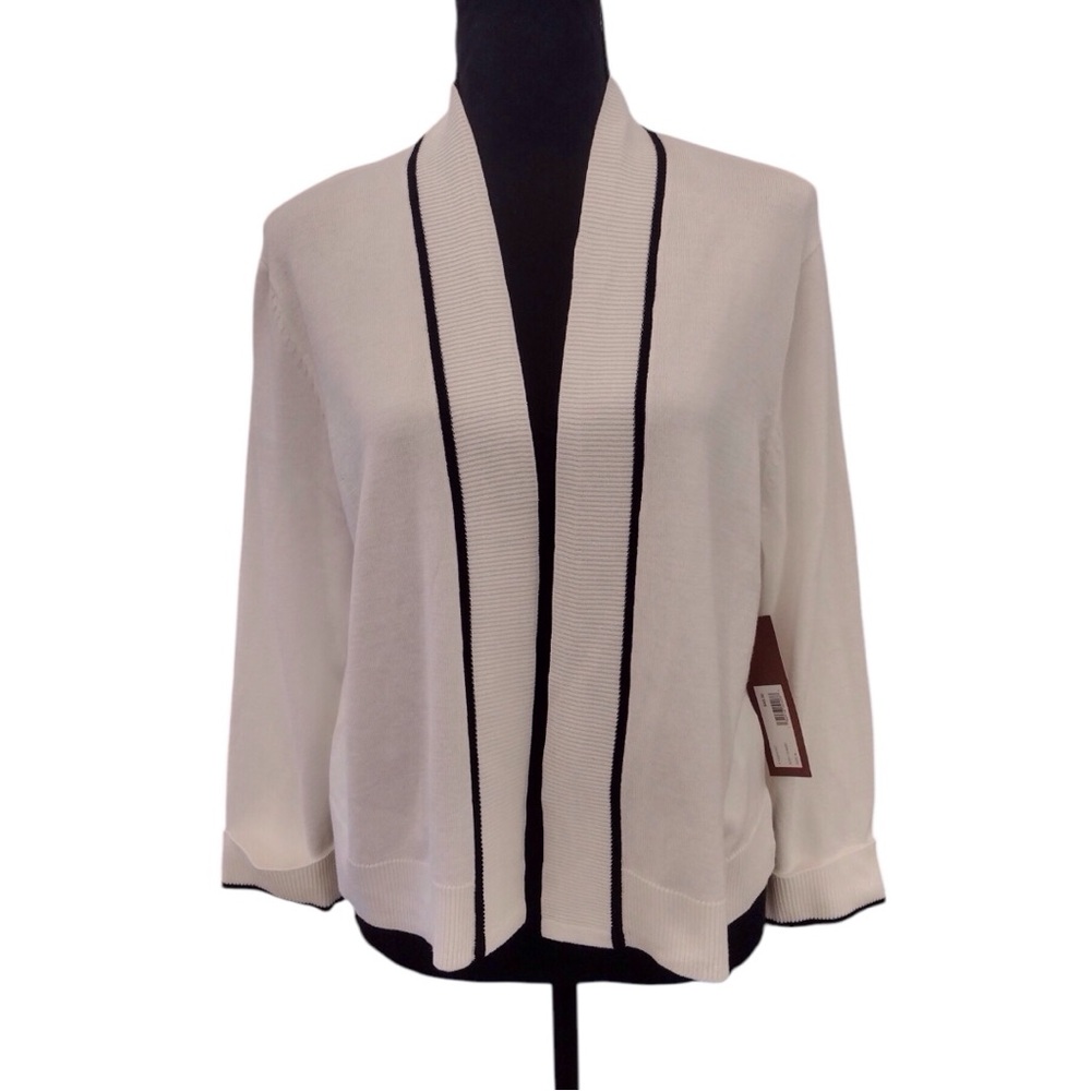 New LOVE SCARLETT Cardigan Sweater Sz Large Ivory White Black Open front Ladies